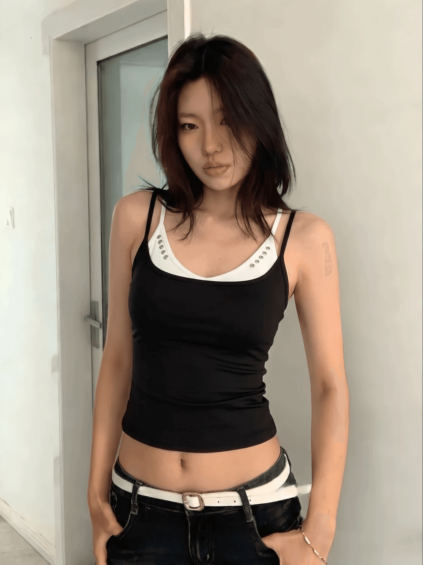 40 순면 아메리칸 핫걸 작은 대중 디자인 센스 징 배색 페이크 레이어드 캐미솔 민소매 맨위 상세 이미지 2