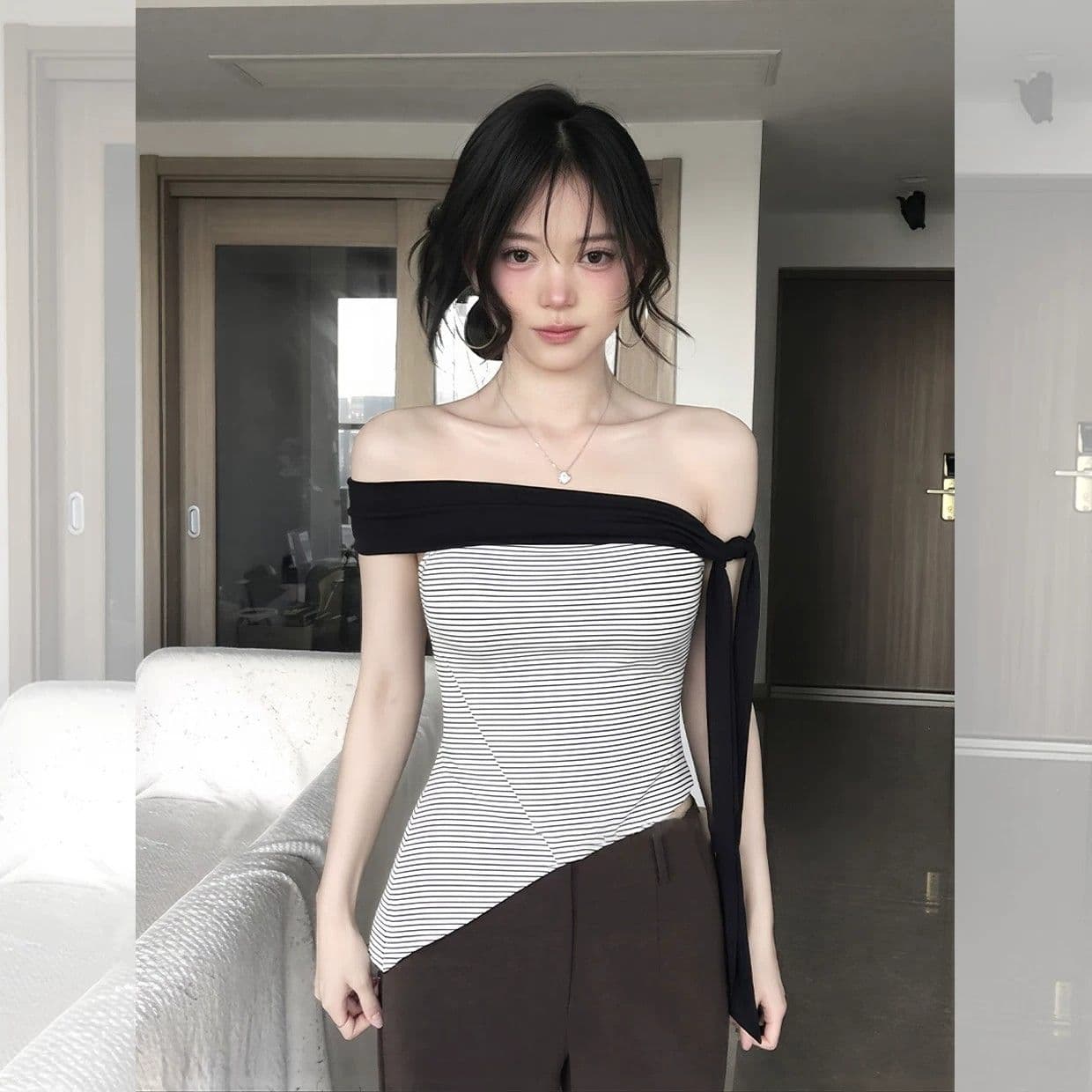 40 순면 배색 리본 오프숄더 스트라이프 티셔츠 여성 여름 허리 수축 슬림해 보이는 스트랩 핫걸 민소매 맨위 이미지 3