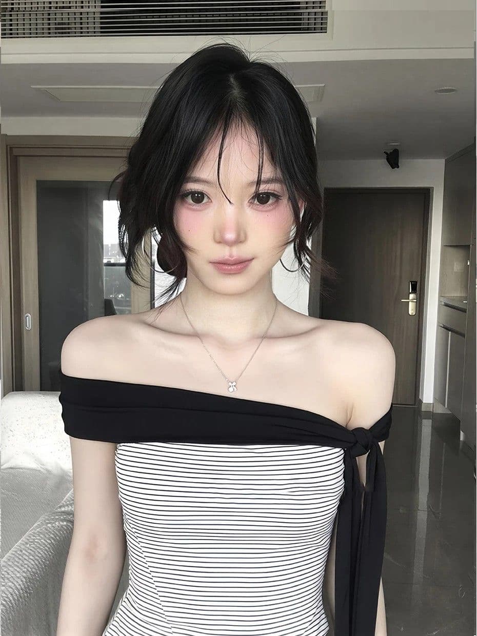 40 순면 배색 리본 오프숄더 스트라이프 티셔츠 여성 여름 허리 수축 슬림해 보이는 스트랩 핫걸 민소매 맨위 상세 이미지 3