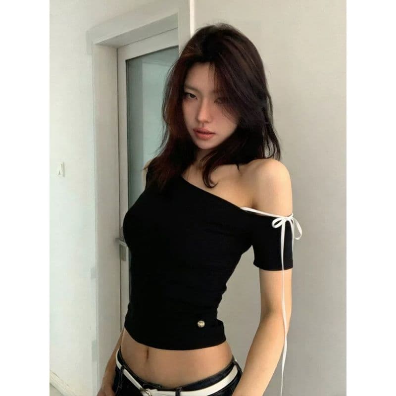 40 순면 아메리칸 핫걸 비스듬한 어깨 반팔 티셔츠 여성 여름 섹시함 스트랩 허리 수축 슬림해 보이는 오프숄더 쇼트 스타일 맨위 이미지 2