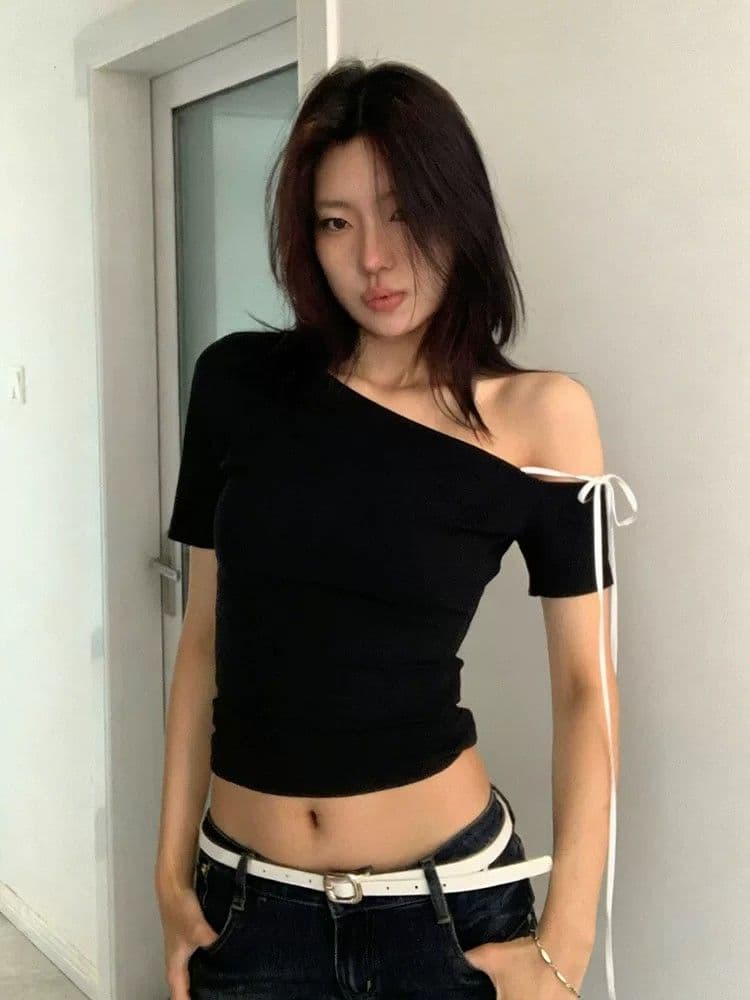 40 순면 아메리칸 핫걸 비스듬한 어깨 반팔 티셔츠 여성 여름 섹시함 스트랩 허리 수축 슬림해 보이는 오프숄더 쇼트 스타일 맨위 상세 이미지 3