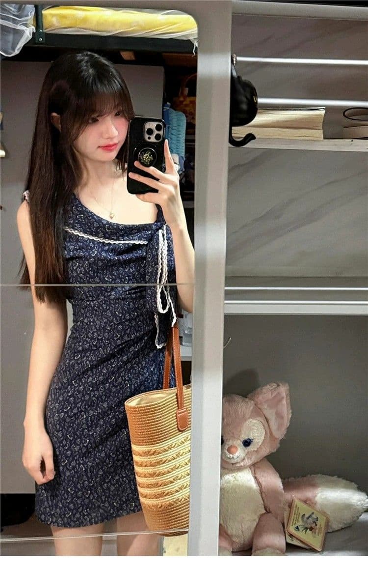 있음 안감 파란색 나비 매듭 비스듬한 어깨 꽃무늬 여성 드레스 여름 새로운 작은 키 품격 타이트 스커트 미니 스커트 상세 이미지 1