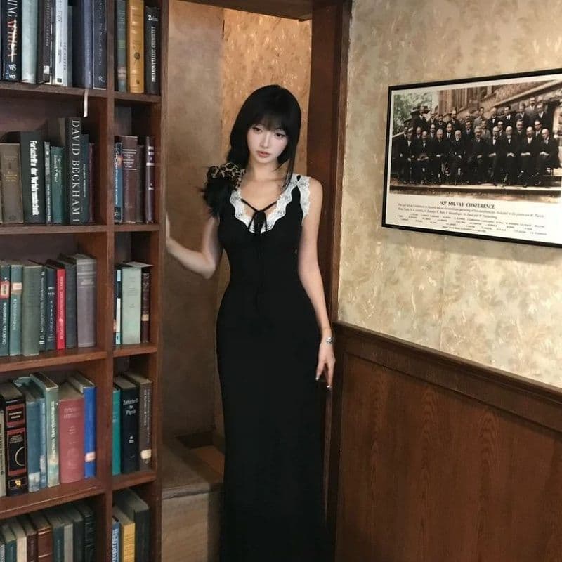 260 그램 사람들 면 여름 핫걸 몸매 가꾸기 슬림해 보이는 레이스 조각 여성 드레스 V넥 패션 외국 가스 길다 치마 이미지 5