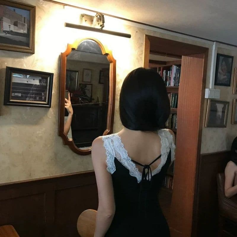 260 그램 사람들 면 여름 핫걸 몸매 가꾸기 슬림해 보이는 레이스 조각 여성 드레스 V넥 패션 외국 가스 길다 치마 이미지 2