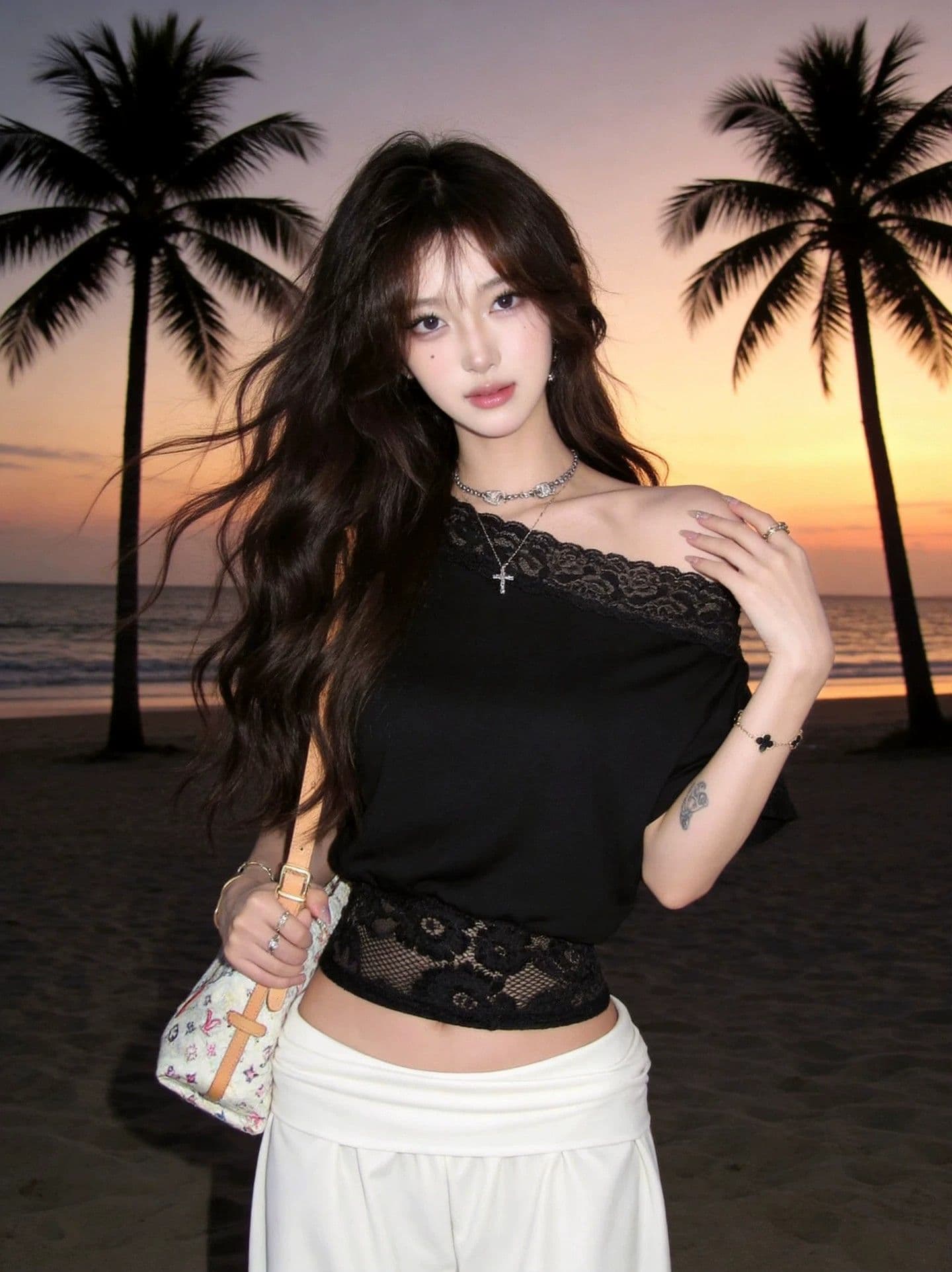 260 그램 사람들 면 순수한 욕망 바람 레이스 조각 비스듬한 어깨 허리 수축 반팔 티셔츠 맨위 여성 여름 새로운 허리 수축 슬림해 보이는 상세 이미지 6