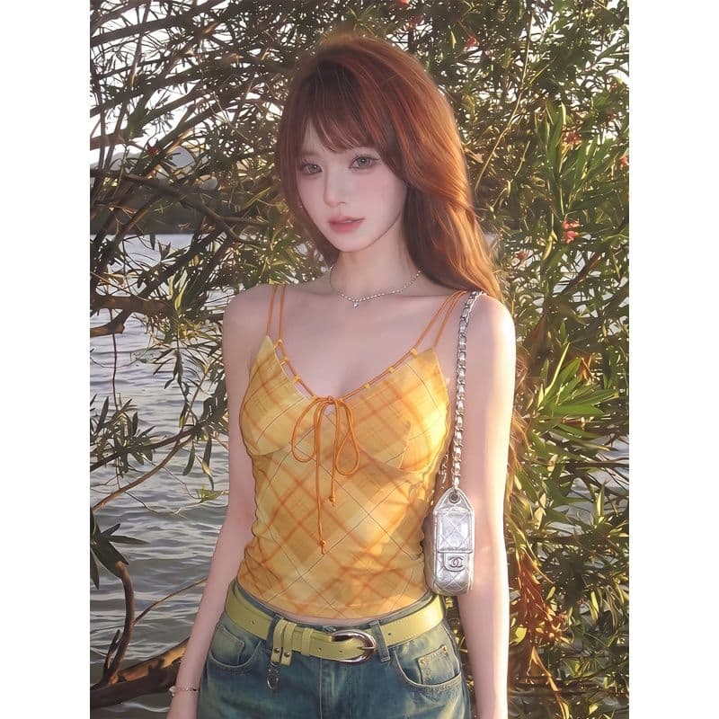 메시 원단 안감 주황색 체크무늬 캐미솔 여름 레이스업 허리 수축 핫걸 착용 가져 가라. 아름다운 ins 맨위