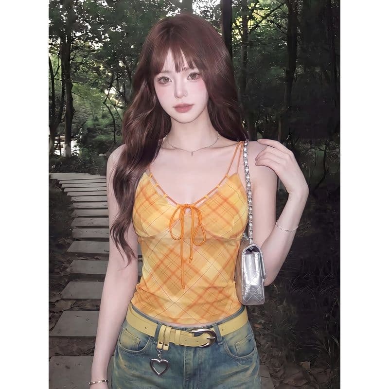 메시 원단 안감 주황색 체크무늬 캐미솔 여름 레이스업 허리 수축 핫걸 착용 가져 가라. 아름다운 ins 맨위 이미지 2