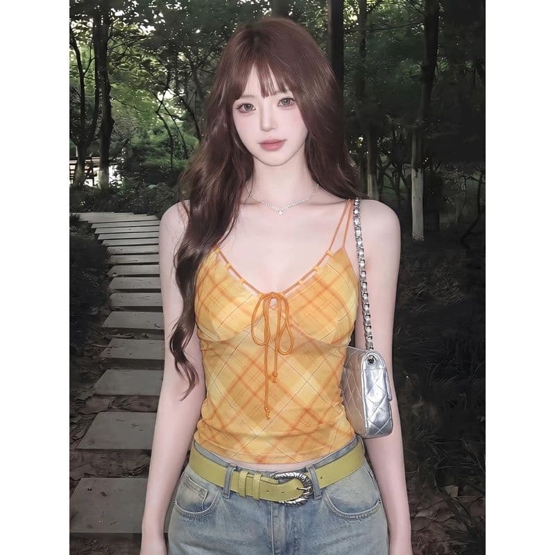 메시 원단 안감 주황색 체크무늬 캐미솔 여름 레이스업 허리 수축 핫걸 착용 가져 가라. 아름다운 ins 맨위 이미지 4