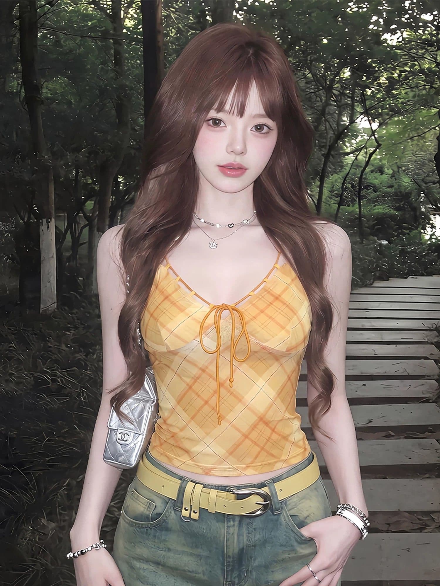 메시 원단 안감 주황색 체크무늬 캐미솔 여름 레이스업 허리 수축 핫걸 착용 가져 가라. 아름다운 ins 맨위 상세 이미지 2