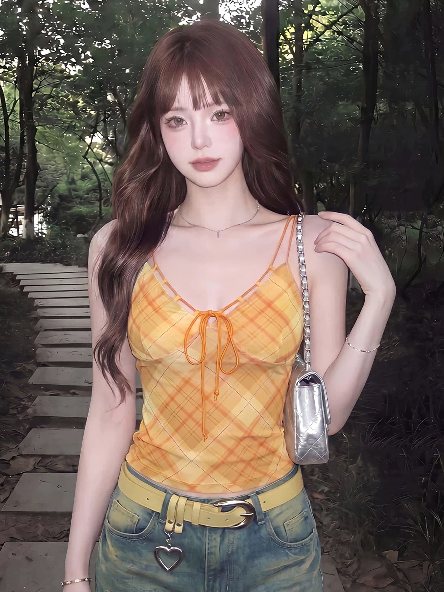 메시 원단 안감 주황색 체크무늬 캐미솔 여름 레이스업 허리 수축 핫걸 착용 가져 가라. 아름다운 ins 맨위 상세 이미지 4