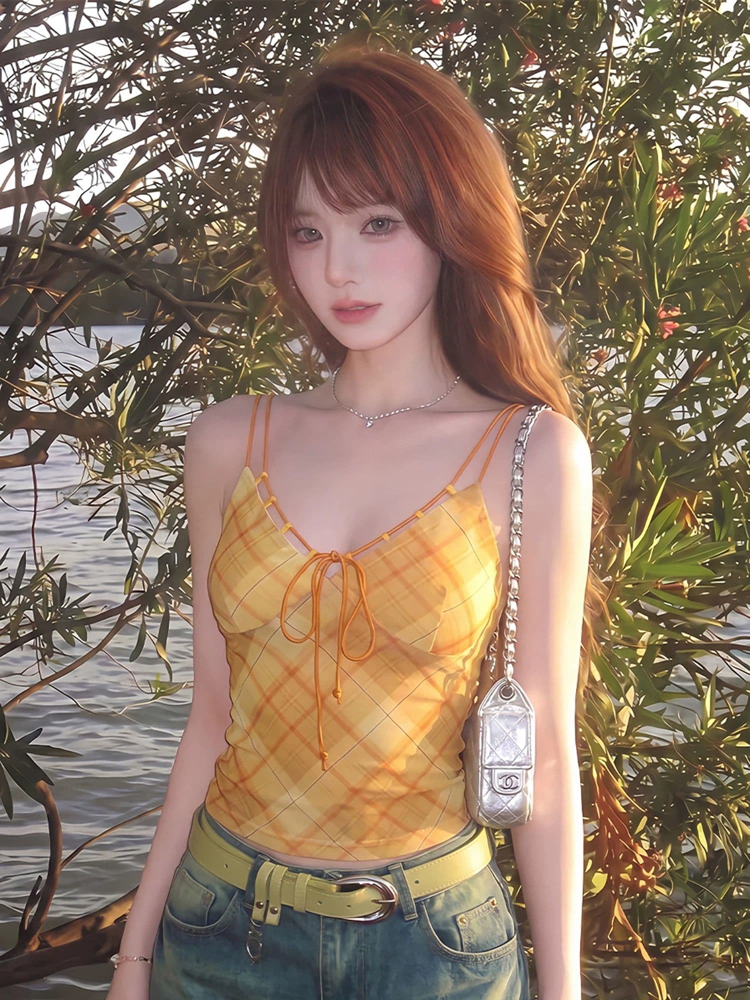 메시 원단 안감 주황색 체크무늬 캐미솔 여름 레이스업 허리 수축 핫걸 착용 가져 가라. 아름다운 ins 맨위 상세 이미지 6