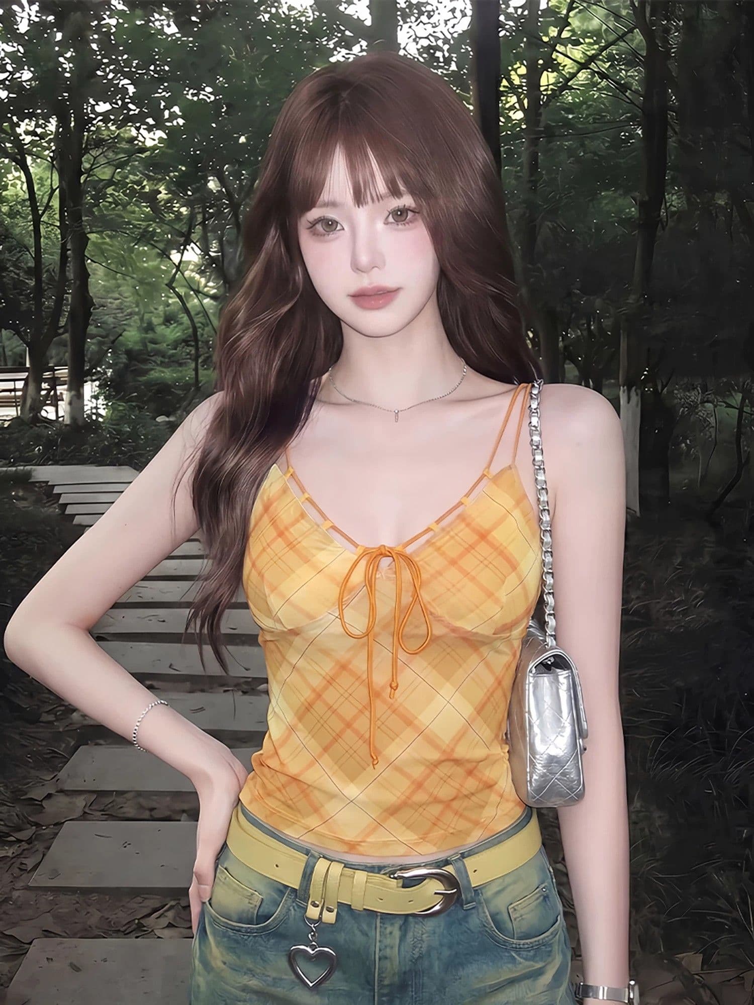 메시 원단 안감 주황색 체크무늬 캐미솔 여름 레이스업 허리 수축 핫걸 착용 가져 가라. 아름다운 ins 맨위 상세 이미지 8