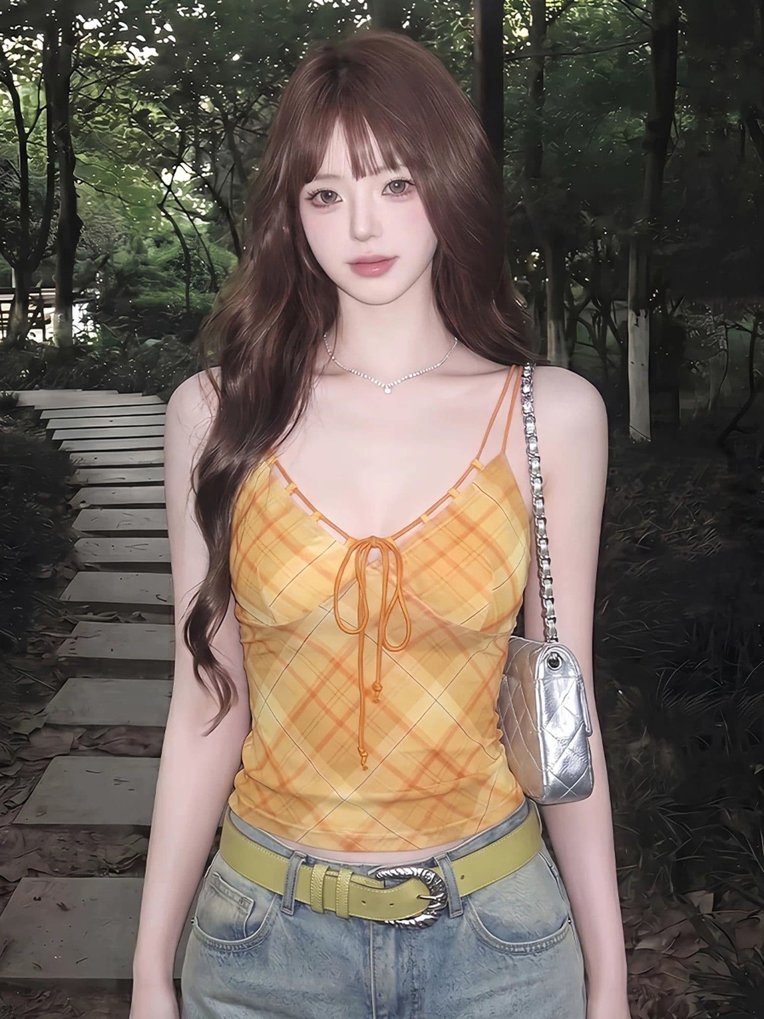 메시 원단 안감 주황색 체크무늬 캐미솔 여름 레이스업 허리 수축 핫걸 착용 가져 가라. 아름다운 ins 맨위 상세 이미지 10