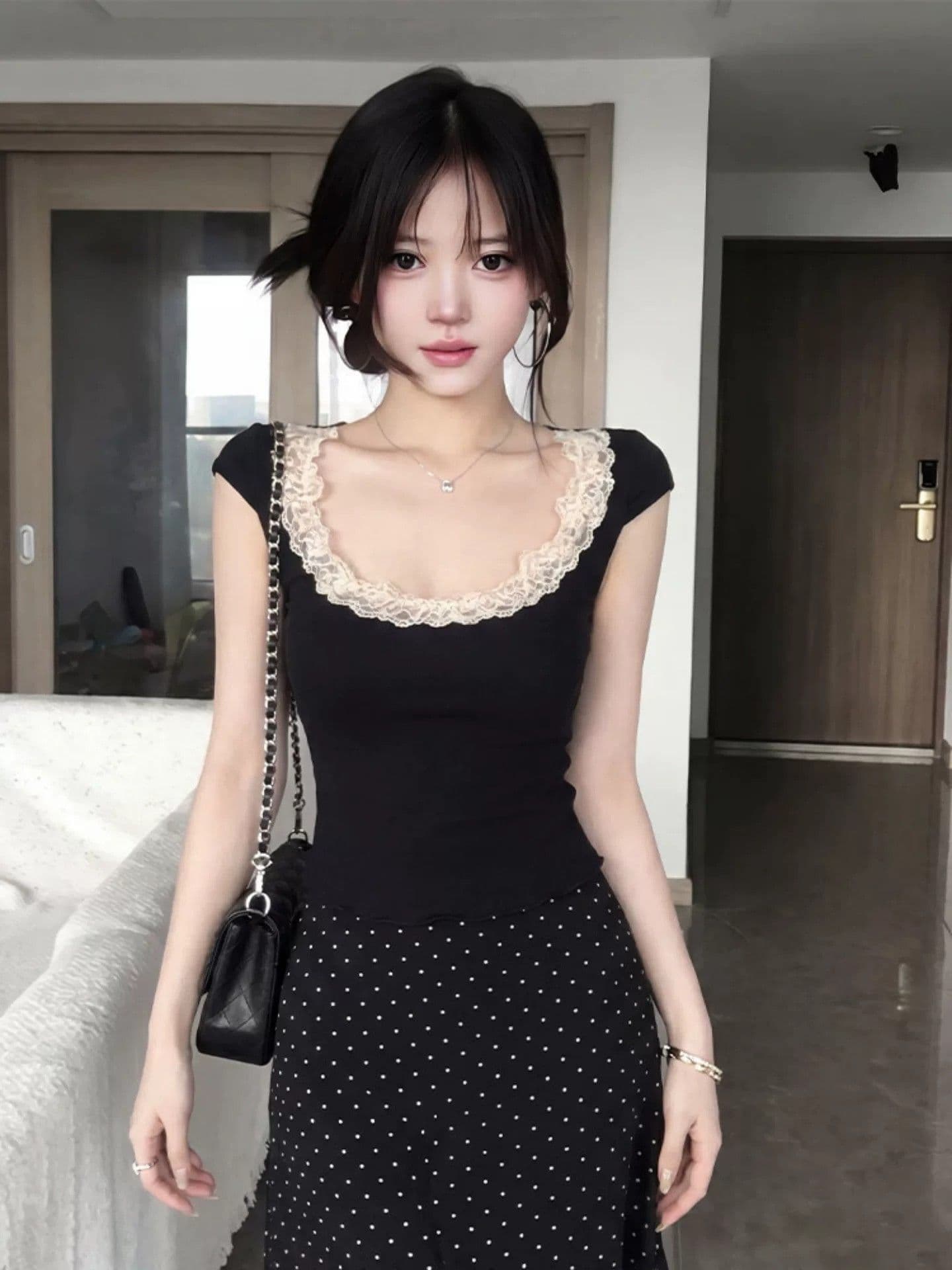 260 그램 사람들 면 순수한 욕망 레이스 레이스 u 칼라 반팔 티셔츠 여성 여름 섹시함 허리 수축 몸매 가꾸기 슬림해 보이는 다용도 맨위 이미지 3