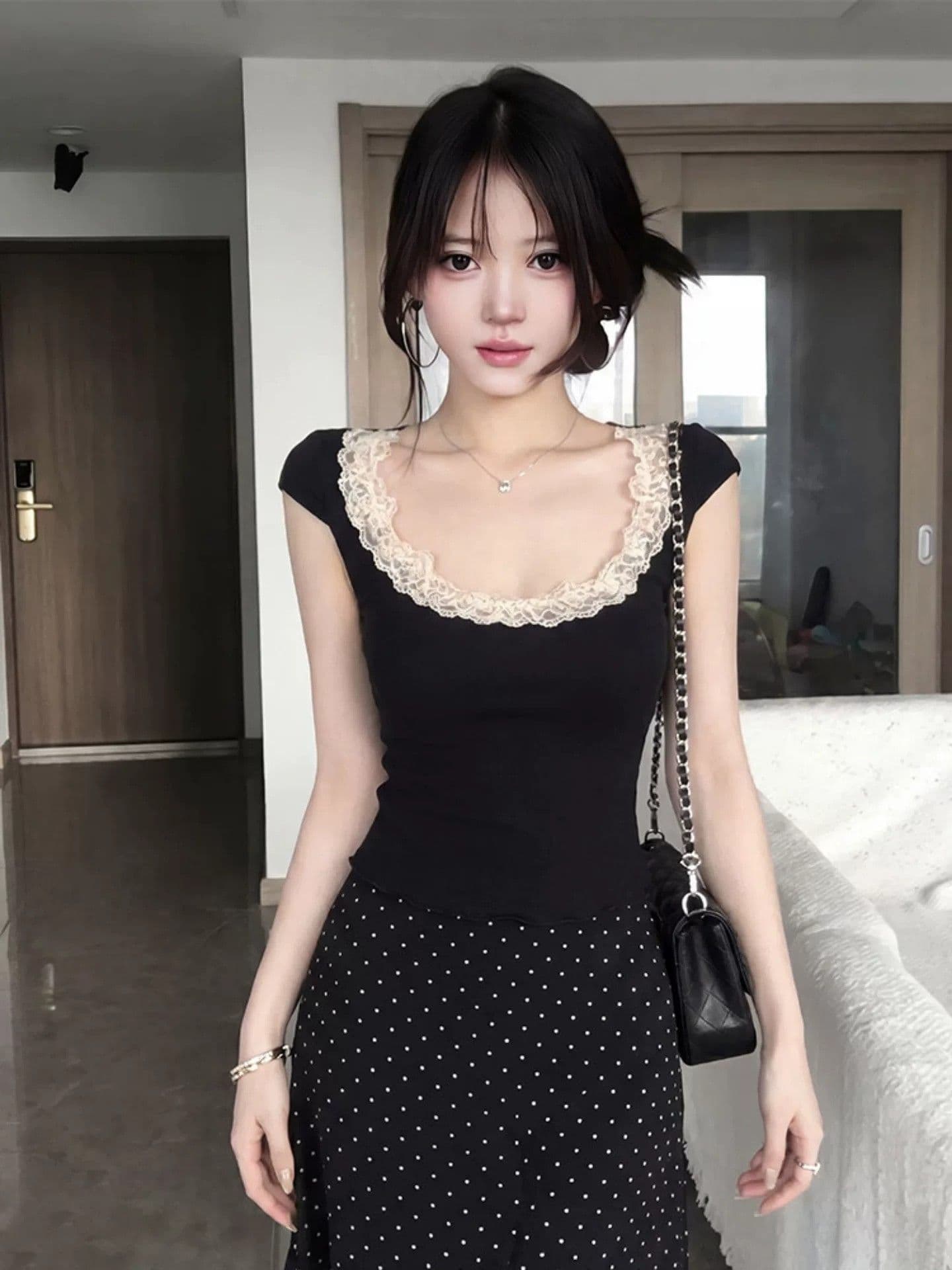 260 그램 사람들 면 순수한 욕망 레이스 레이스 u 칼라 반팔 티셔츠 여성 여름 섹시함 허리 수축 몸매 가꾸기 슬림해 보이는 다용도 맨위