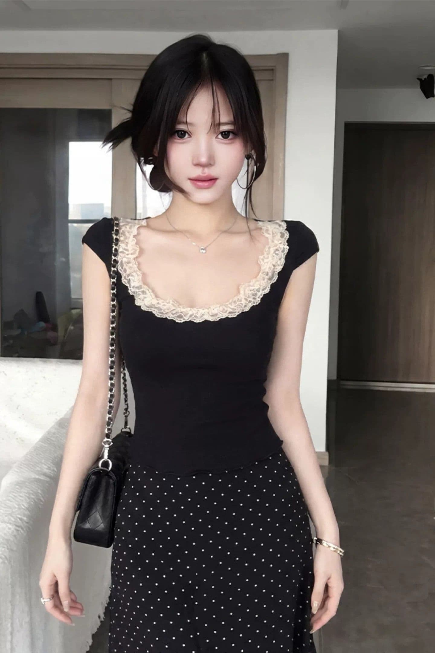 260 그램 사람들 면 순수한 욕망 레이스 레이스 u 칼라 반팔 티셔츠 여성 여름 섹시함 허리 수축 몸매 가꾸기 슬림해 보이는 다용도 맨위 상세 이미지 6