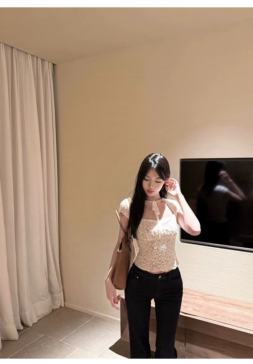 원본 원단 것 있음 안감 디자인 센스 무거운 작업 레이스 작은 셔츠 여성 여름 품격 슬림해 보이는 반팔 맨위 상세 이미지 28