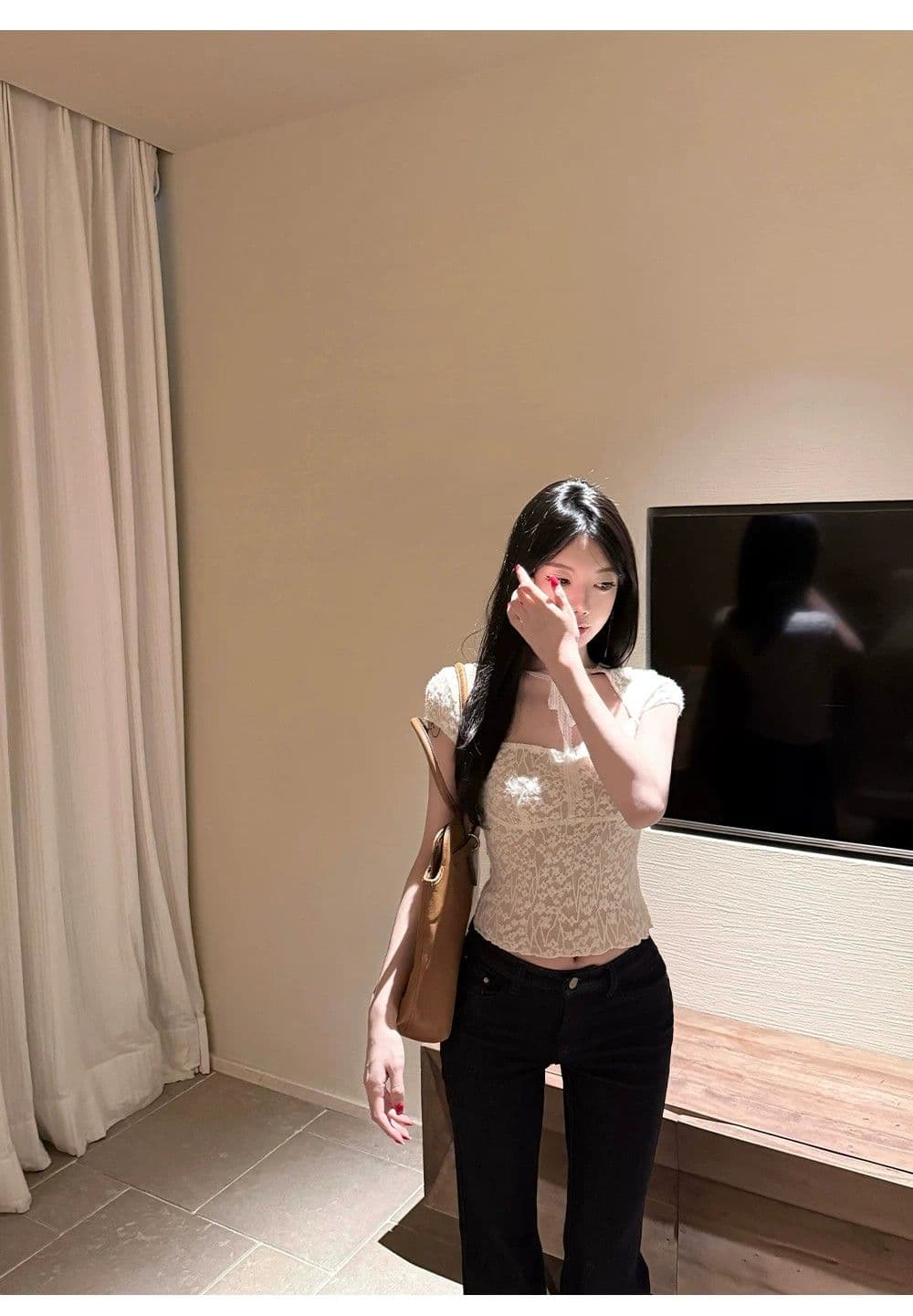 원본 원단 것 있음 안감 디자인 센스 무거운 작업 레이스 작은 셔츠 여성 여름 품격 슬림해 보이는 반팔 맨위 상세 이미지 32