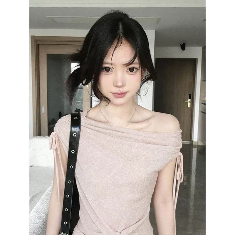 원본 원단 것 달콤함 핑크색 비스듬한 어깨 반팔 티셔츠 여성 여름 펌프 Pleat 레이스업 슬림해 보이는 오프숄더 맨위 이미지 5