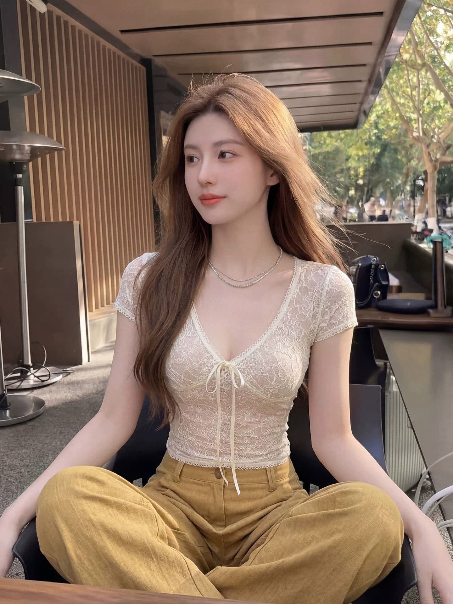 원본 원단 것 순수한 욕망 바람 V넥 레이스업 마이크로 ~을 통해 레이스 셔츠 여성 여름 몸매 가꾸기 슬림해 보이는 핫걸 반팔 맨위 상세 이미지 1