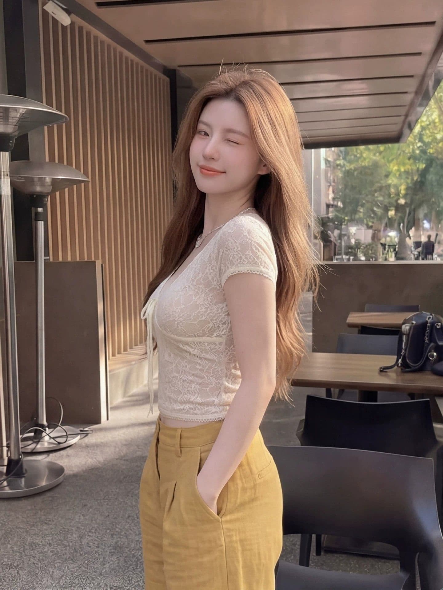원본 원단 것 순수한 욕망 바람 V넥 레이스업 마이크로 ~을 통해 레이스 셔츠 여성 여름 몸매 가꾸기 슬림해 보이는 핫걸 반팔 맨위 상세 이미지 4
