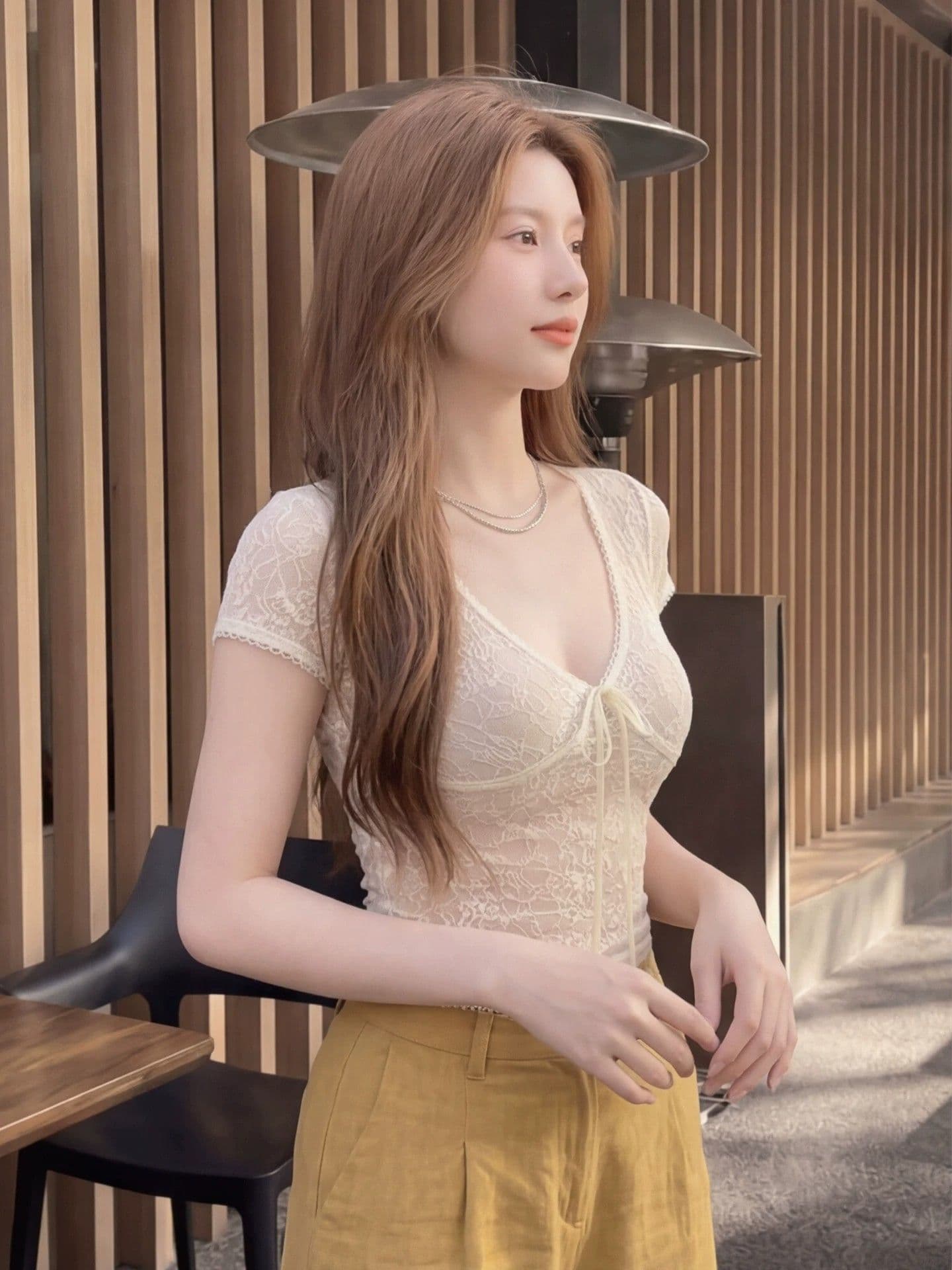 원본 원단 것 순수한 욕망 바람 V넥 레이스업 마이크로 ~을 통해 레이스 셔츠 여성 여름 몸매 가꾸기 슬림해 보이는 핫걸 반팔 맨위 상세 이미지 5