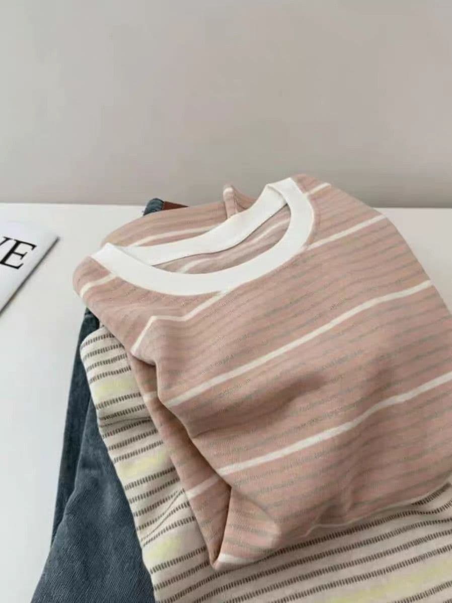 원본 원단 특별 빅 사이즈 300 근 배색 스트라이프 티셔츠 여성 여름 반팔 맨위 이미지 3