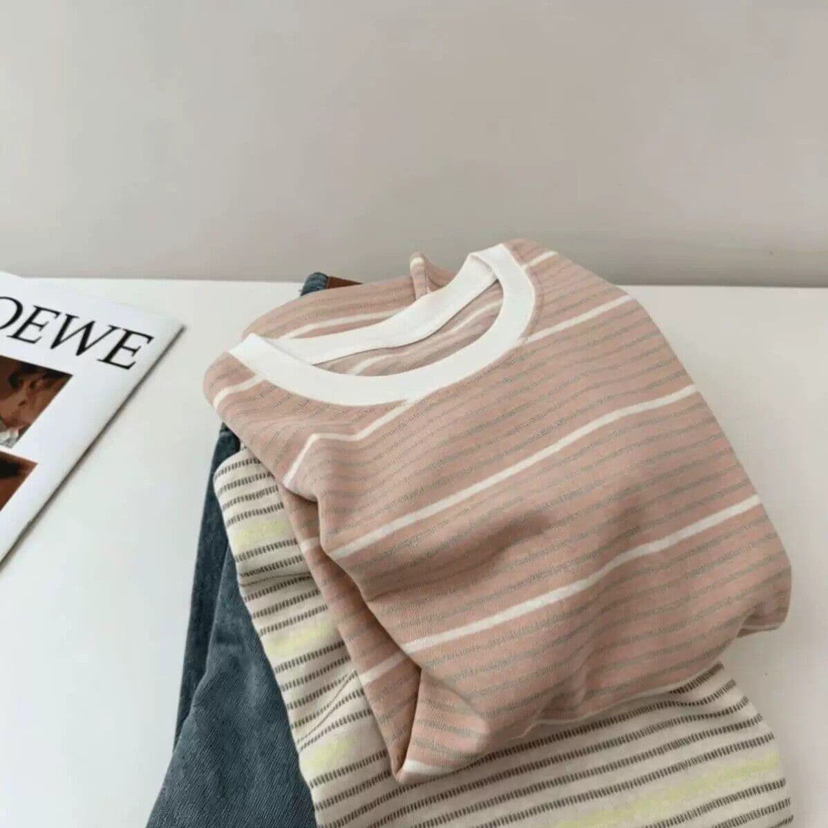 원본 원단 특별 빅 사이즈 300 근 배색 스트라이프 티셔츠 여성 여름 반팔 맨위 상세 이미지 3