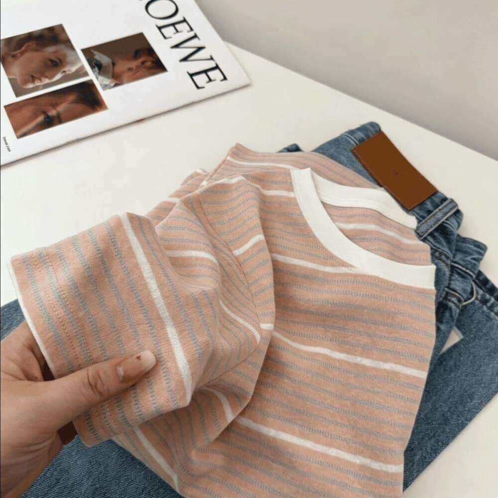 원본 원단 특별 빅 사이즈 300 근 배색 스트라이프 티셔츠 여성 여름 반팔 맨위 상세 이미지 6