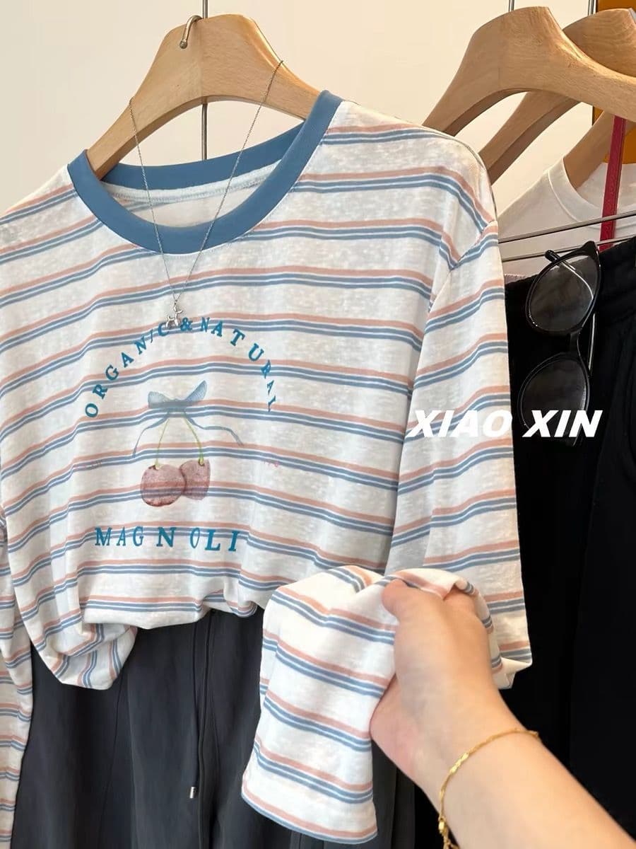 원본 원단 특별 빅 사이즈 300 근 파란색 스트라이프 긴팔 티셔츠 여성 여름 자외선 차단 블라우스 얇은 이미지 2