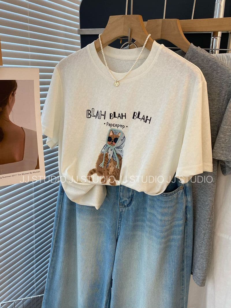 눈꽃 면 특별 빅 사이즈 300 근 귀여운 고양이 프린트 루즈핏 반팔 티셔츠 여성 여름 맨위 상세 이미지 2