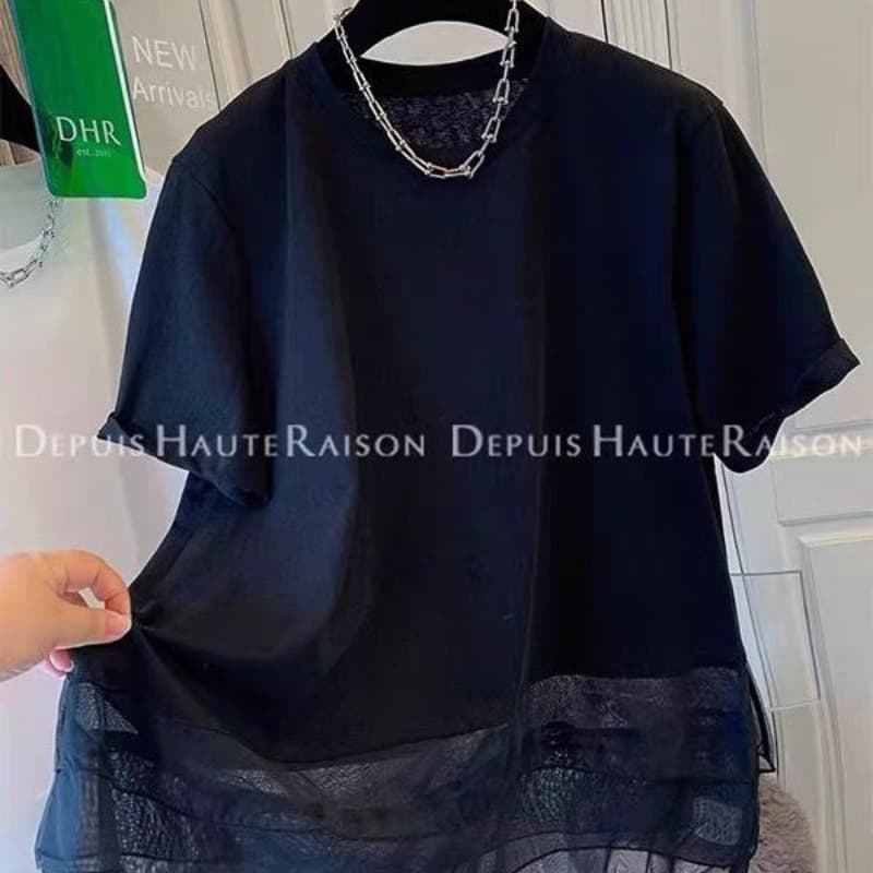 원본 원단 특별 빅 사이즈 300 근 망사 패치워크 얇고 가벼운 반팔 티셔츠 여성 여름 섹션 루즈핏 맨위 이미지 5