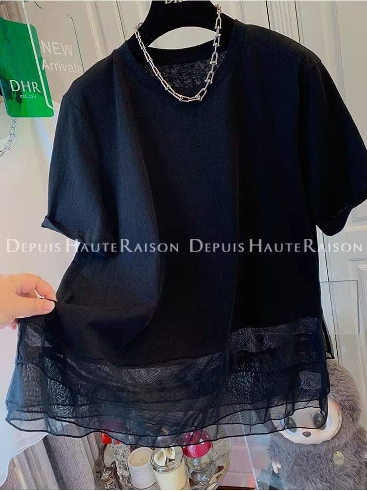 원본 원단 특별 빅 사이즈 300 근 망사 패치워크 얇고 가벼운 반팔 티셔츠 여성 여름 섹션 루즈핏 맨위 상세 이미지 7