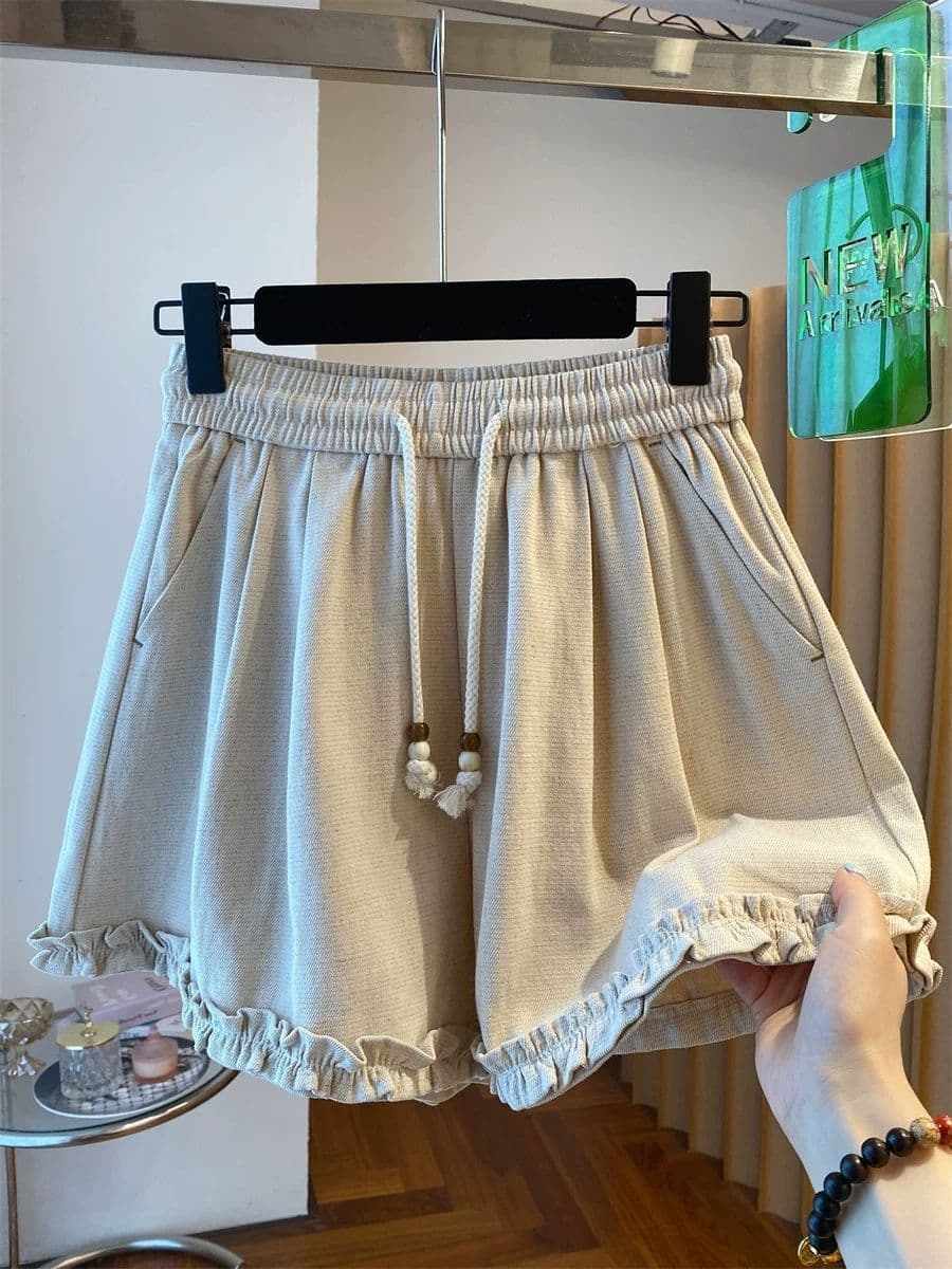 원본 원단 특별 빅 사이즈 300 근 프릴 펌프 로프 캐주얼 반바지 여성 여름 루즈핏 와이드 레그 팬츠 상세 이미지 1