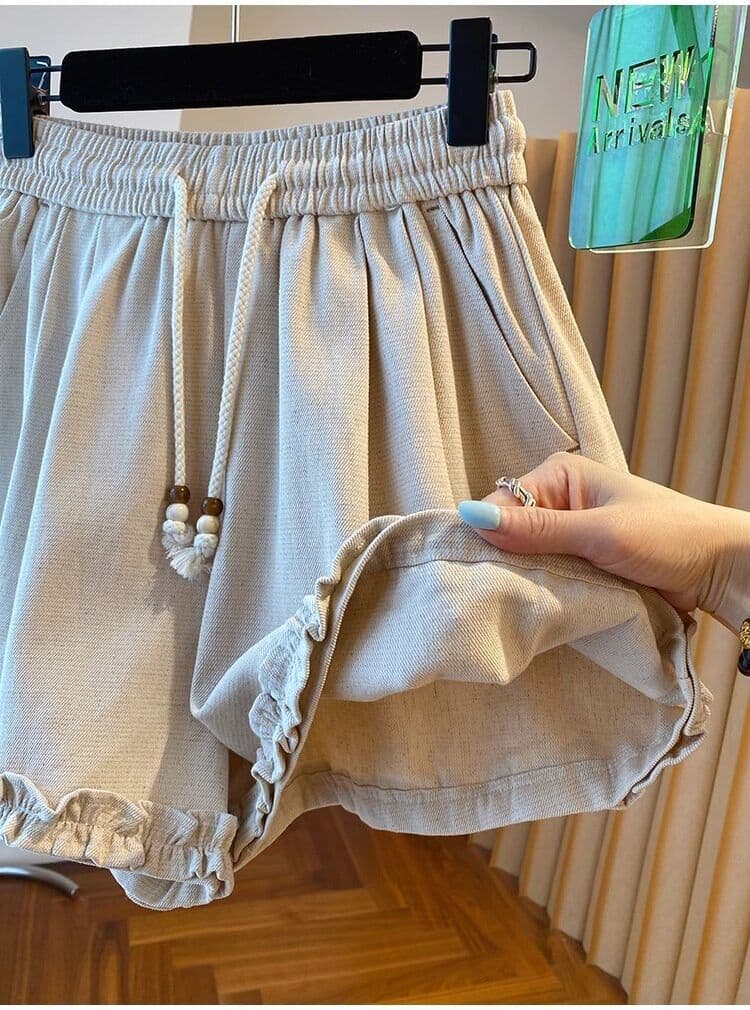 원본 원단 특별 빅 사이즈 300 근 프릴 펌프 로프 캐주얼 반바지 여성 여름 루즈핏 와이드 레그 팬츠 상세 이미지 9