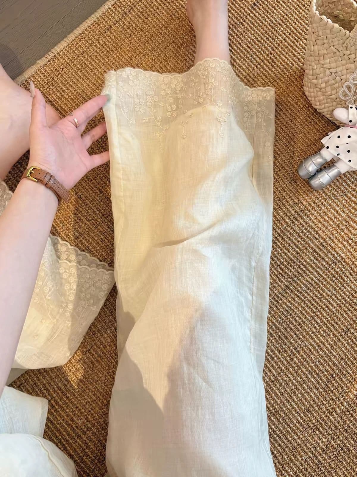원본 원단 길다 네리 특별 빅 사이즈 300 근 레이스 자수 캐주얼 바지 여성 루즈핏 와이드 레그 팬츠