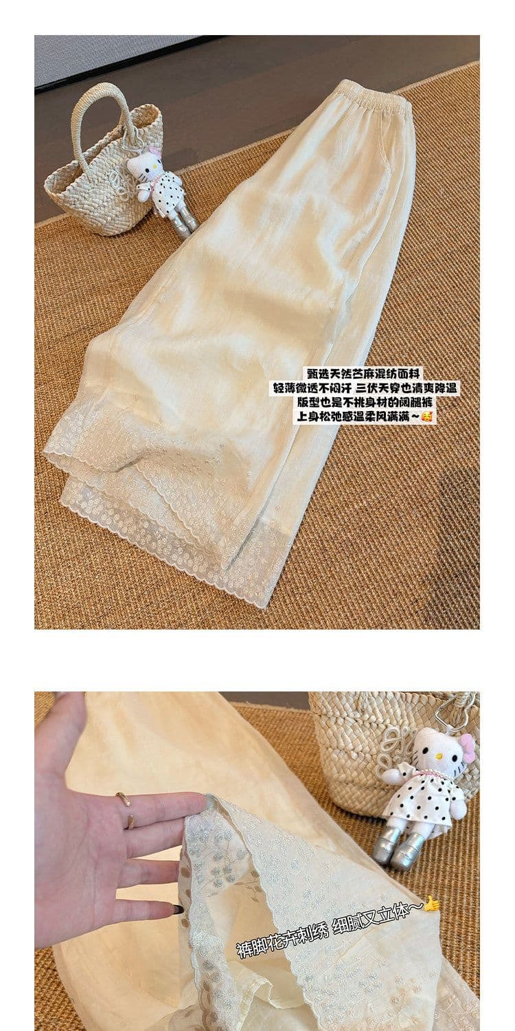 원본 원단 길다 네리 특별 빅 사이즈 300 근 레이스 자수 캐주얼 바지 여성 루즈핏 와이드 레그 팬츠 상세 이미지 5