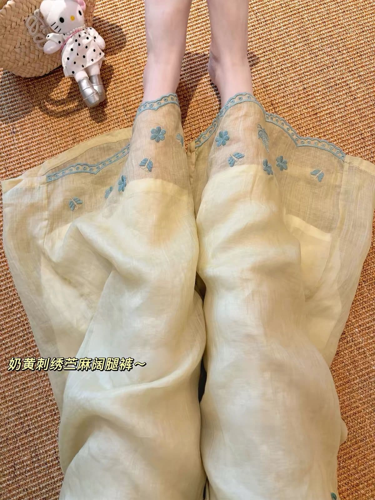 원본 원단 길다 네리 특별 빅 사이즈 300 근 레이스 자수 여름 캐주얼 루즈핏 와이드 레그 팬츠 이미지 2