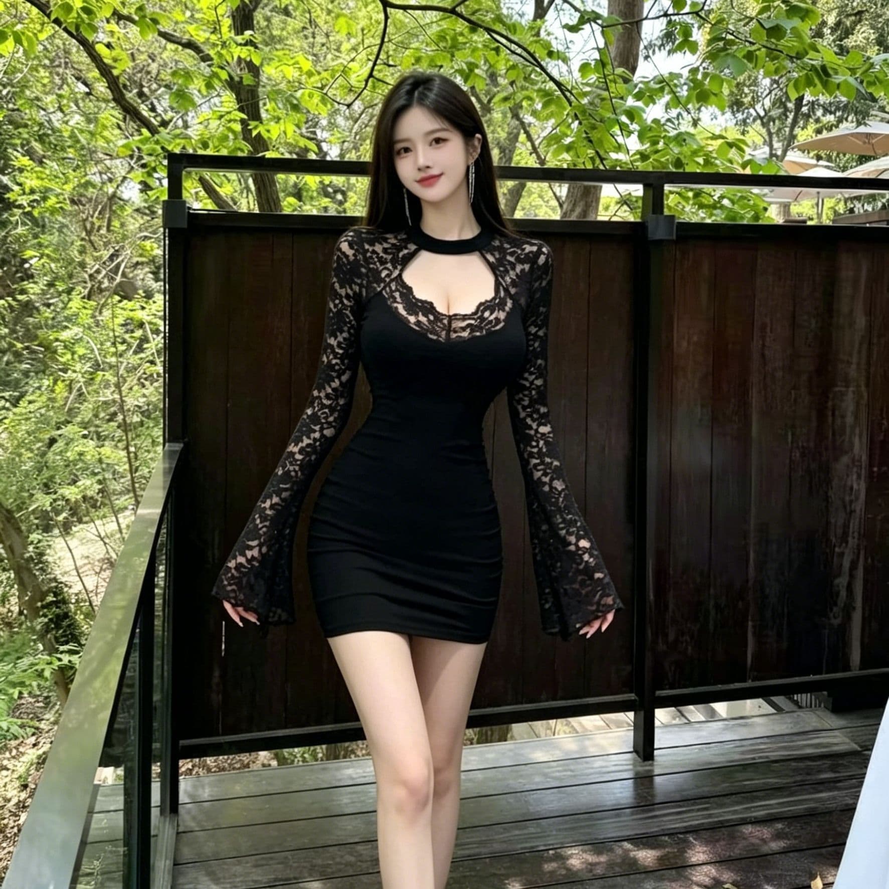 행침 목 가슴 홀로우 아웃 레이스 조각 드레스 긴팔 나팔 소매 하이웨이스트 주름 허리 수축 슬림해 보이는 타이트 타이트 스커트 이미지 2