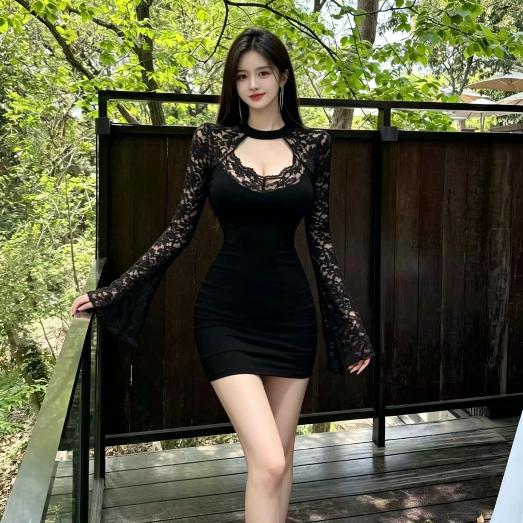 행침 목 가슴 홀로우 아웃 레이스 조각 드레스 긴팔 나팔 소매 하이웨이스트 주름 허리 수축 슬림해 보이는 타이트 타이트 스커트 이미지 4