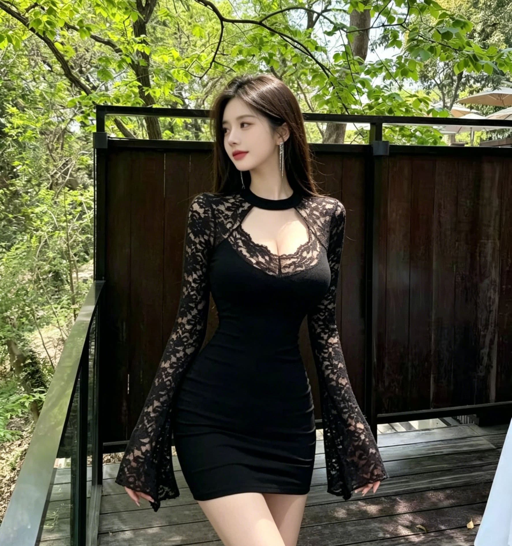 행침 목 가슴 홀로우 아웃 레이스 조각 드레스 긴팔 나팔 소매 하이웨이스트 주름 허리 수축 슬림해 보이는 타이트 타이트 스커트 상세 이미지 3