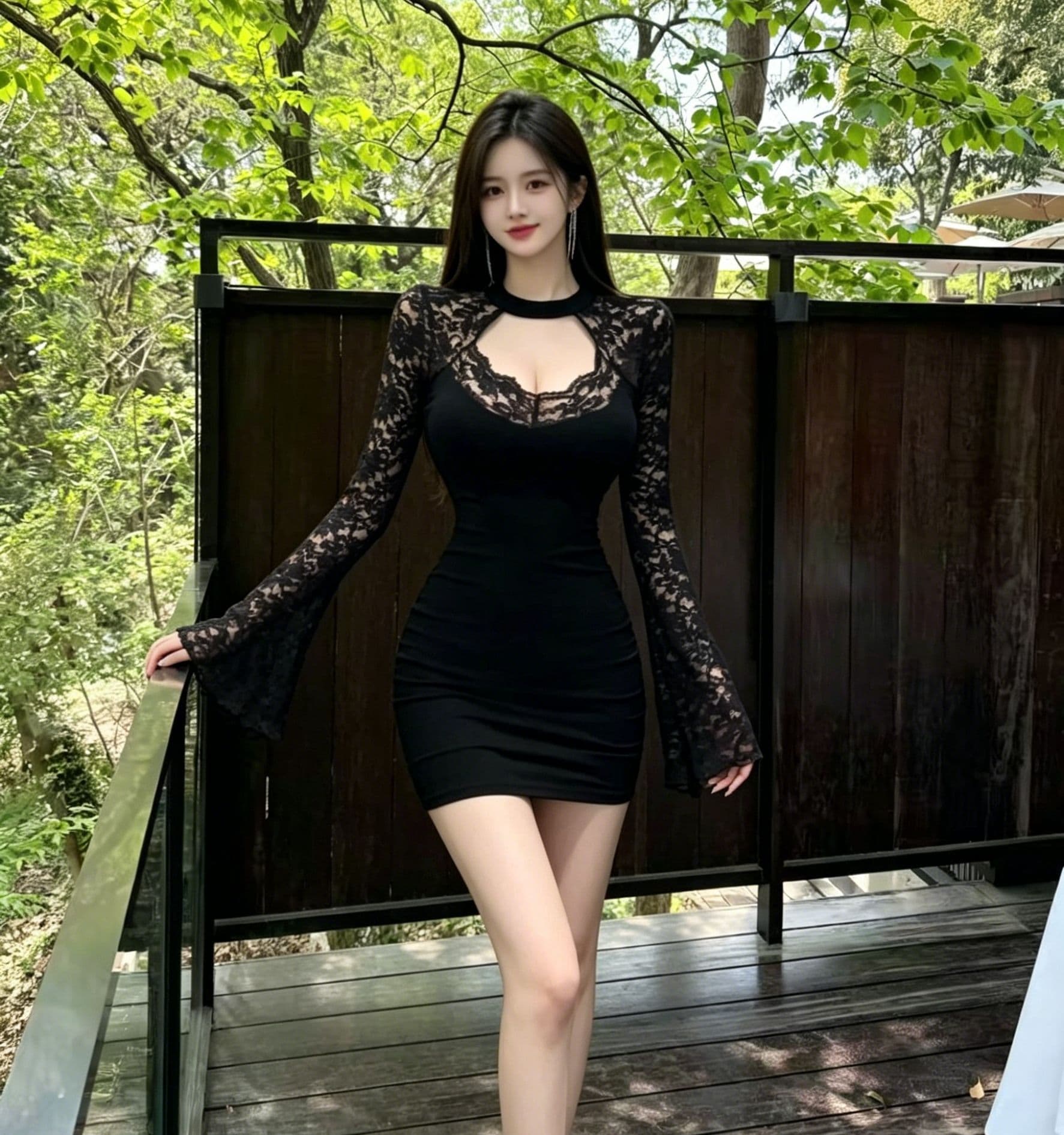 행침 목 가슴 홀로우 아웃 레이스 조각 드레스 긴팔 나팔 소매 하이웨이스트 주름 허리 수축 슬림해 보이는 타이트 타이트 스커트 상세 이미지 4