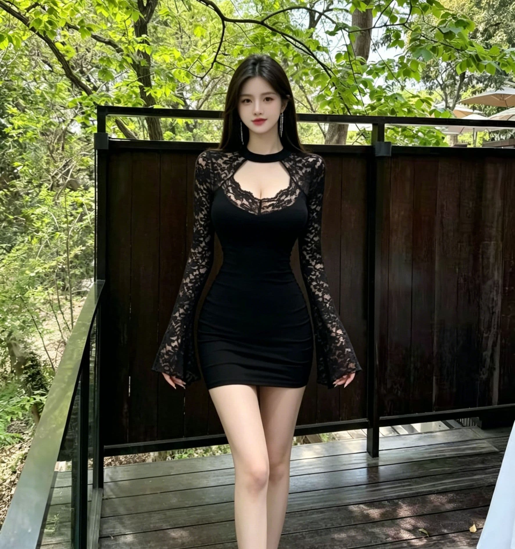 행침 목 가슴 홀로우 아웃 레이스 조각 드레스 긴팔 나팔 소매 하이웨이스트 주름 허리 수축 슬림해 보이는 타이트 타이트 스커트 상세 이미지 5
