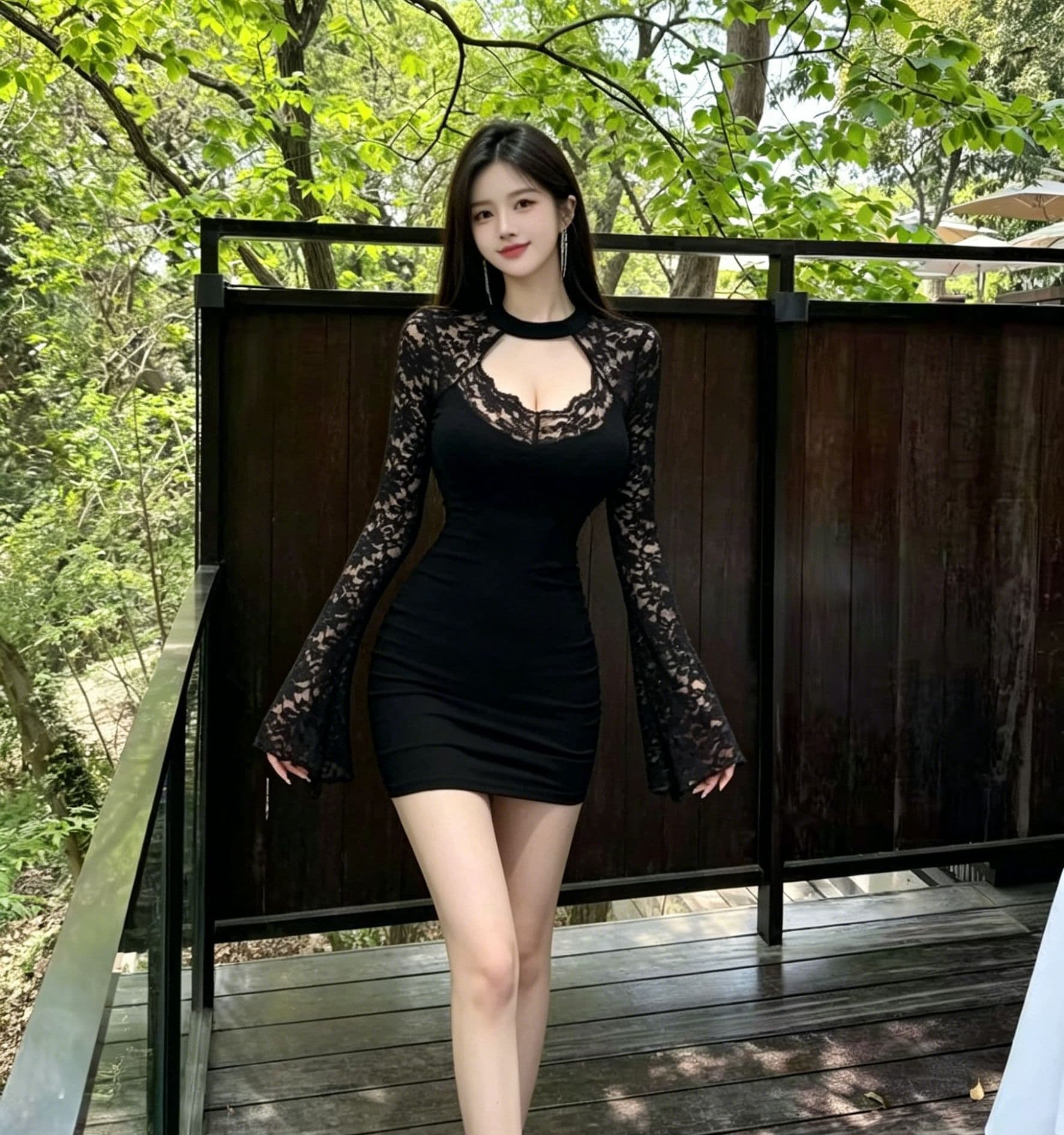 행침 목 가슴 홀로우 아웃 레이스 조각 드레스 긴팔 나팔 소매 하이웨이스트 주름 허리 수축 슬림해 보이는 타이트 타이트 스커트 상세 이미지 6