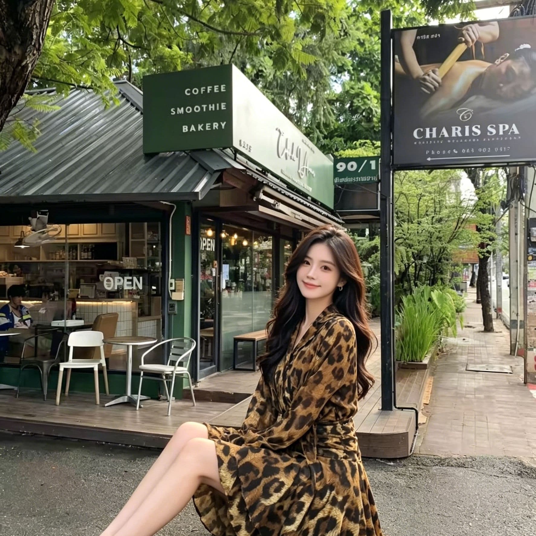 레트로 레오파드 무늬 v 칼라 허리 수축 쇼트 스타일 여성 드레스 레이스업 나팔 긴팔 연꽃 잎 쉬폰 미니 스커트 핫걸 이미지 3