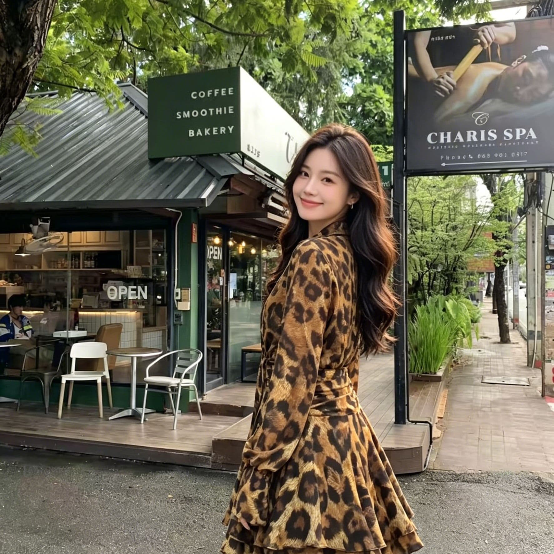 레트로 레오파드 무늬 v 칼라 허리 수축 쇼트 스타일 여성 드레스 레이스업 나팔 긴팔 연꽃 잎 쉬폰 미니 스커트 핫걸 이미지 2