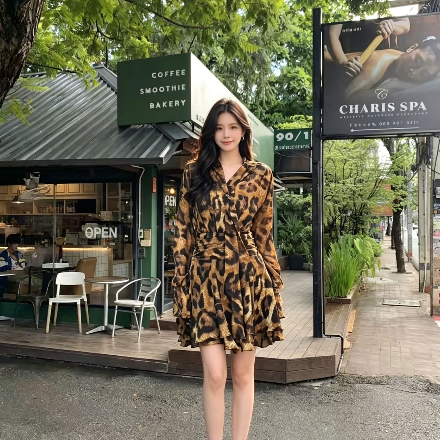 레트로 레오파드 무늬 v 칼라 허리 수축 쇼트 스타일 여성 드레스 레이스업 나팔 긴팔 연꽃 잎 쉬폰 미니 스커트 핫걸