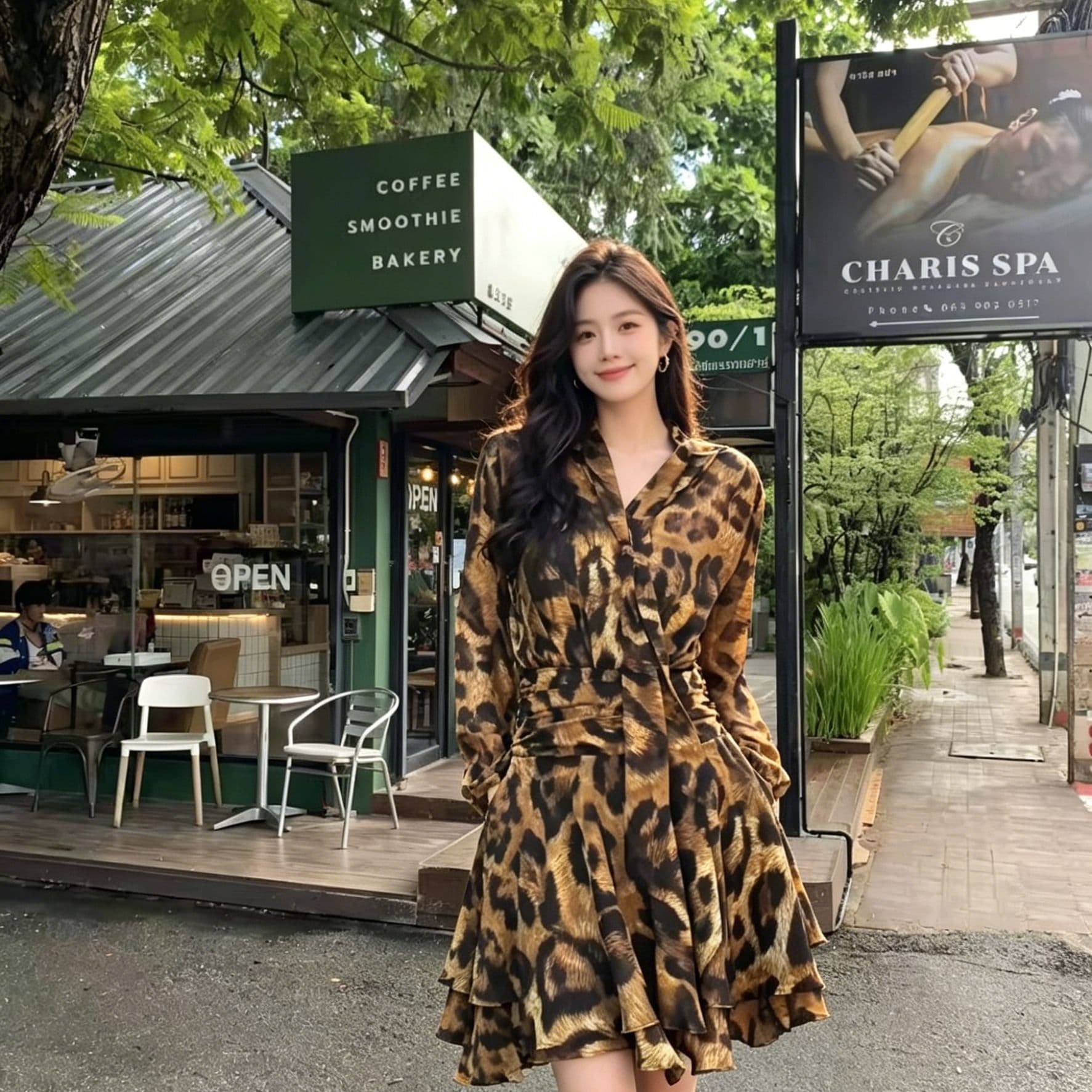 레트로 레오파드 무늬 v 칼라 허리 수축 쇼트 스타일 여성 드레스 레이스업 나팔 긴팔 연꽃 잎 쉬폰 미니 스커트 핫걸 이미지 4