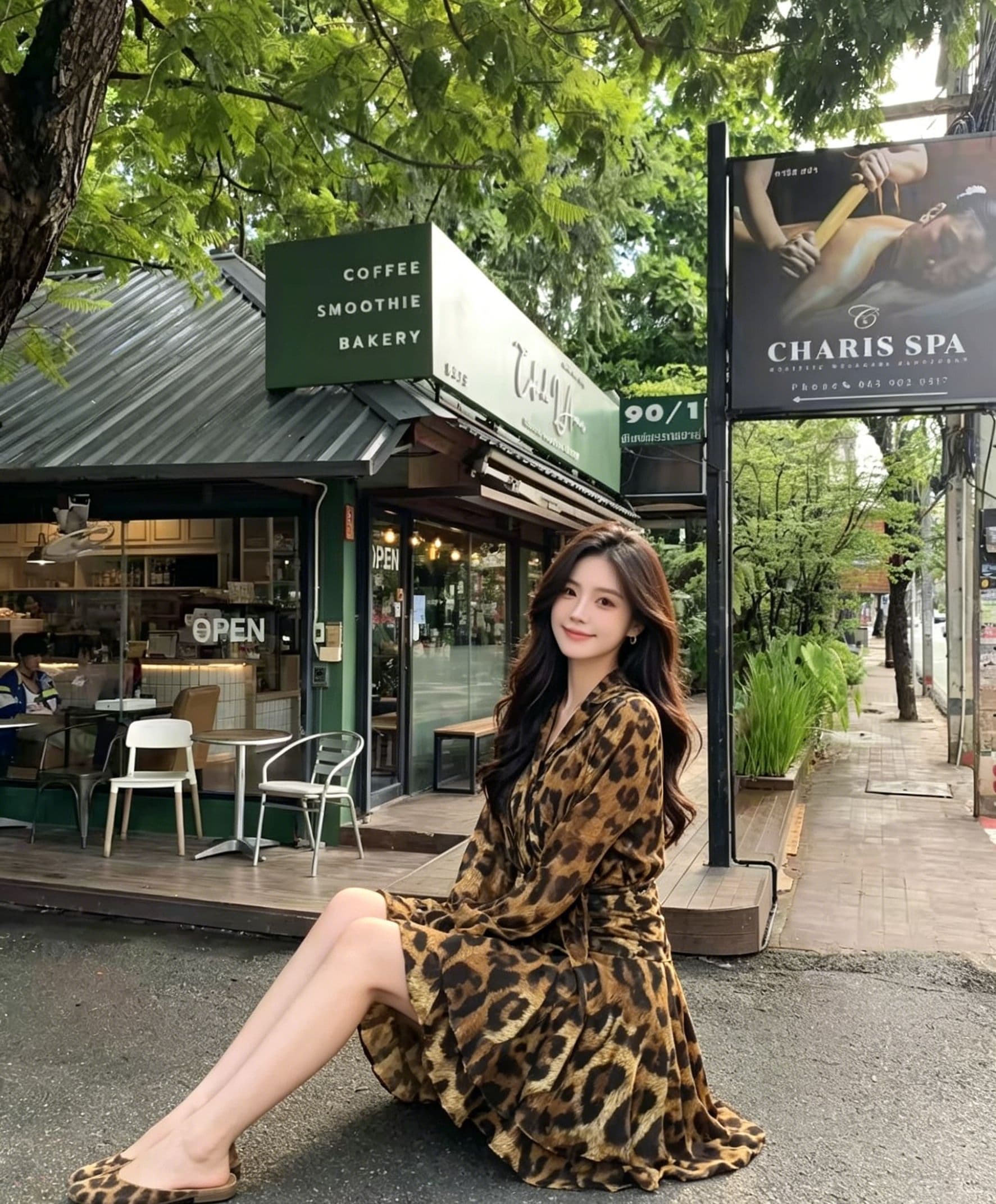 레트로 레오파드 무늬 v 칼라 허리 수축 쇼트 스타일 여성 드레스 레이스업 나팔 긴팔 연꽃 잎 쉬폰 미니 스커트 핫걸 상세 이미지 1