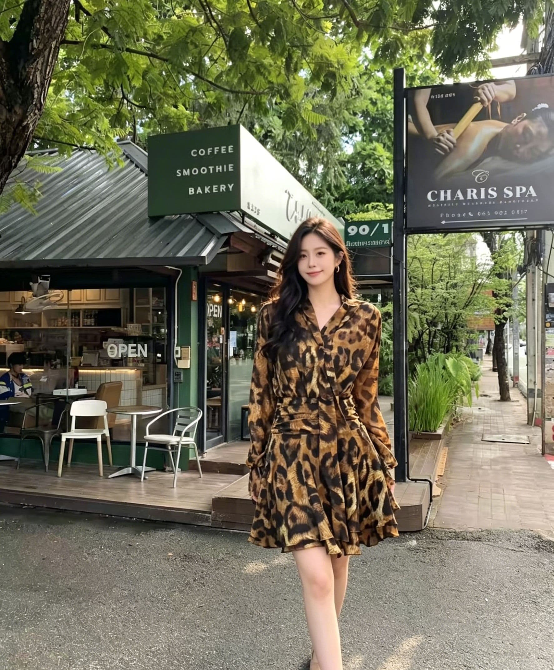 레트로 레오파드 무늬 v 칼라 허리 수축 쇼트 스타일 여성 드레스 레이스업 나팔 긴팔 연꽃 잎 쉬폰 미니 스커트 핫걸 상세 이미지 2